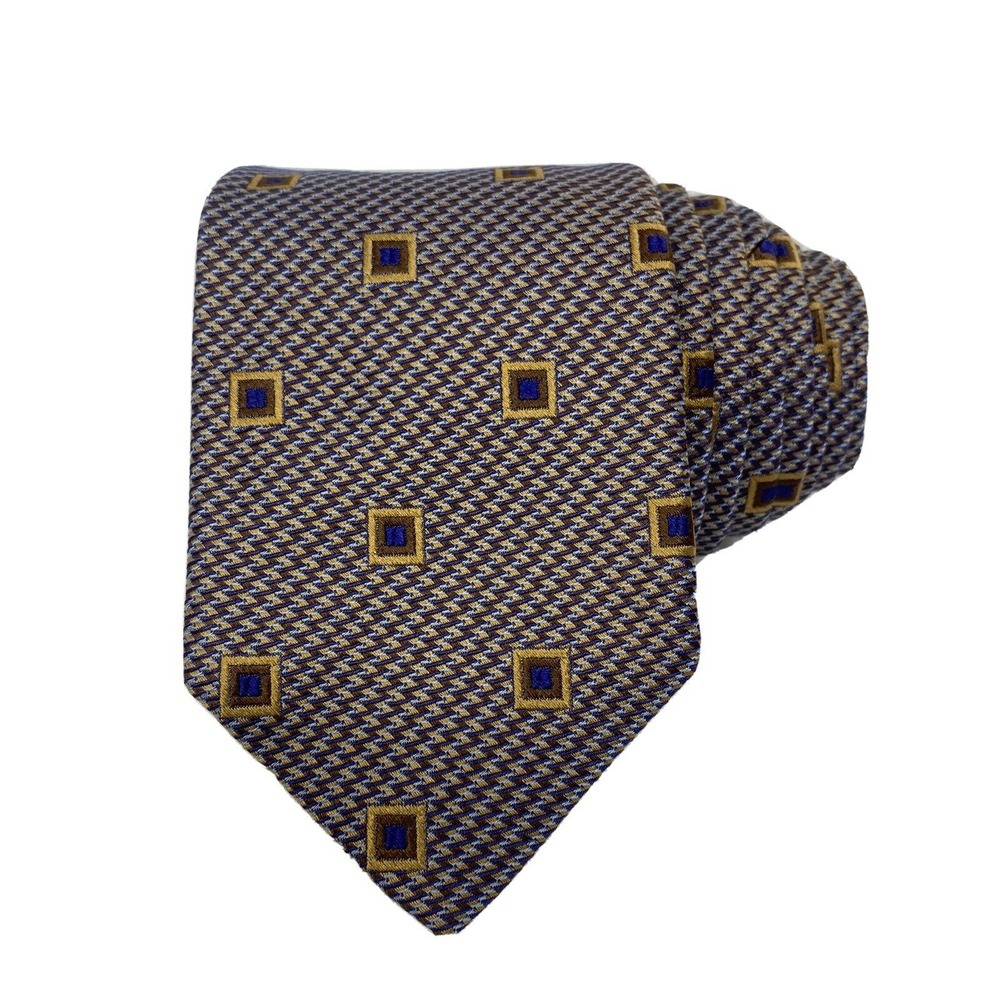 Robert Talbott Best Of Class 100% Silk Woven Tie Blue Brown Gold Squares $155